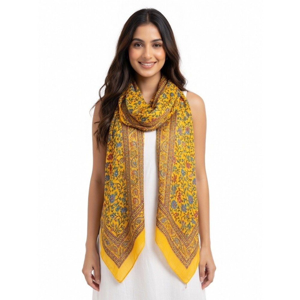 Yellow/Multicolor Sheer Floral Scarf Versatile Beautiful Drapable Silk 47" x 87"